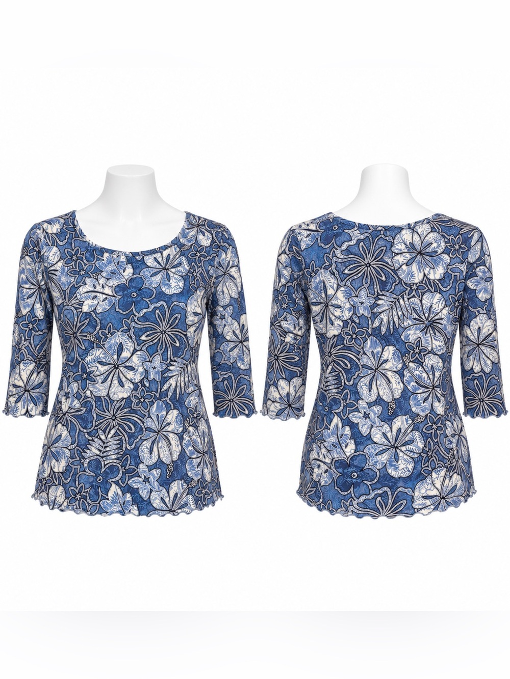 Coldwater Creek Blue Floral 3/4 Sleeve Top Tunic Size L USA Made